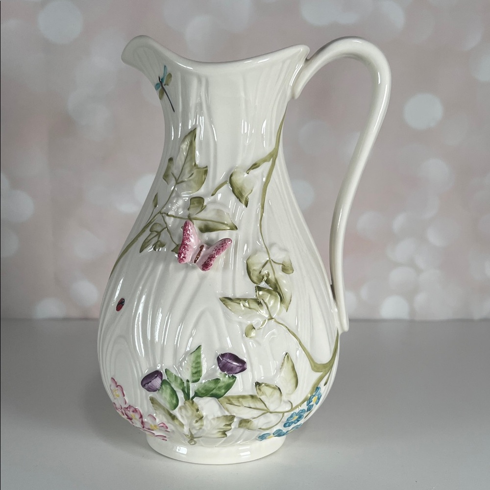 BELLEEK Springtime Floral Pitcher with Butterfly Design